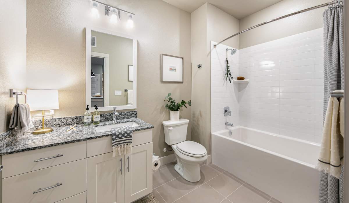 Bathroom with a toilet, sink, and standard tub at The View at Belterra in Austin, Texas