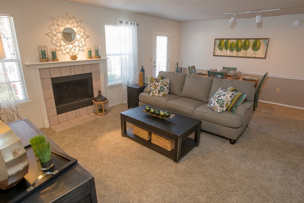 Bright living room at Crown Pointe Apartments in Oklahoma City, Oklahoma