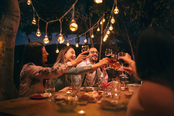 Residents and friends meet for wine and beer on the patio of a restaurant near Springhouse Townhomes in Allentown, Pennsylvania