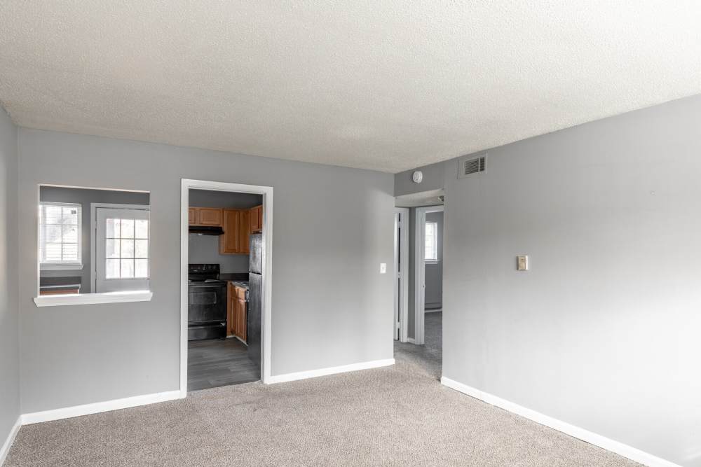 Apartment living room with kitchen window at Cascades on the River in Athens, Georgia