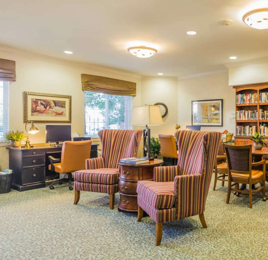 Seating area in the library at Lakeview Senior Living in Lakewood, Colorado