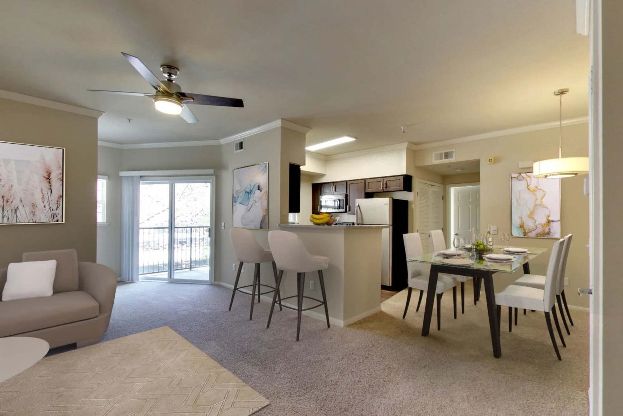Model home, living room and kitchen at Hawthorn Village Apartments in Napa, California
