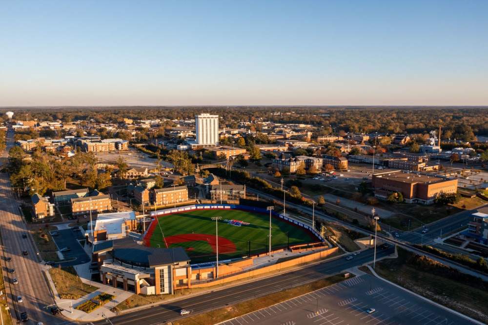 Baseball field with city skyline at Russ Town Crossing in Ruston, Louisiana