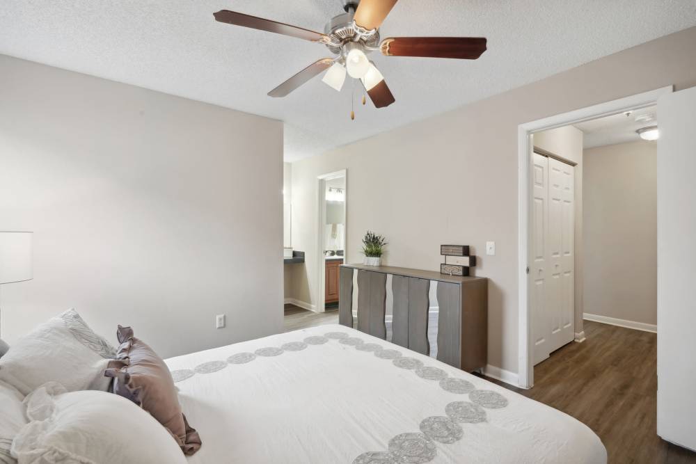 Garden style bedroom with ceiling fan at Lake Forest in Daytona Beach, Florida