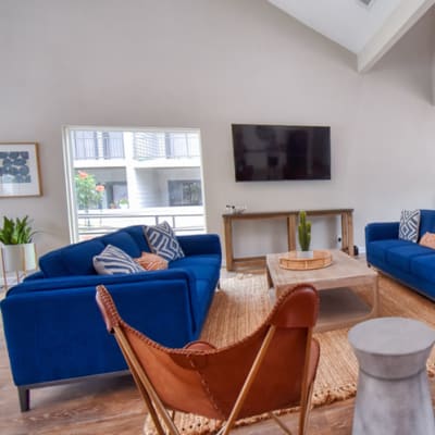 Comfortable modern seating area in the clubhouse of a Monticello Asset Management community in Dallas, Texas