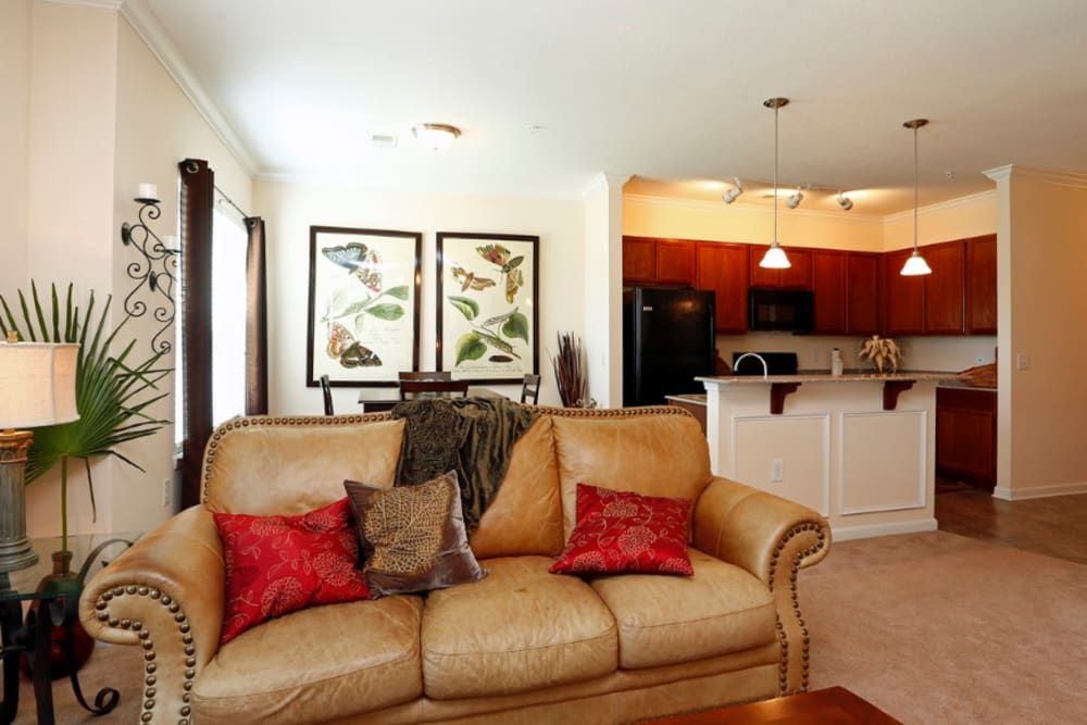 Comfortable sofa in the living area at Compass Landing in Newport, North Carolina