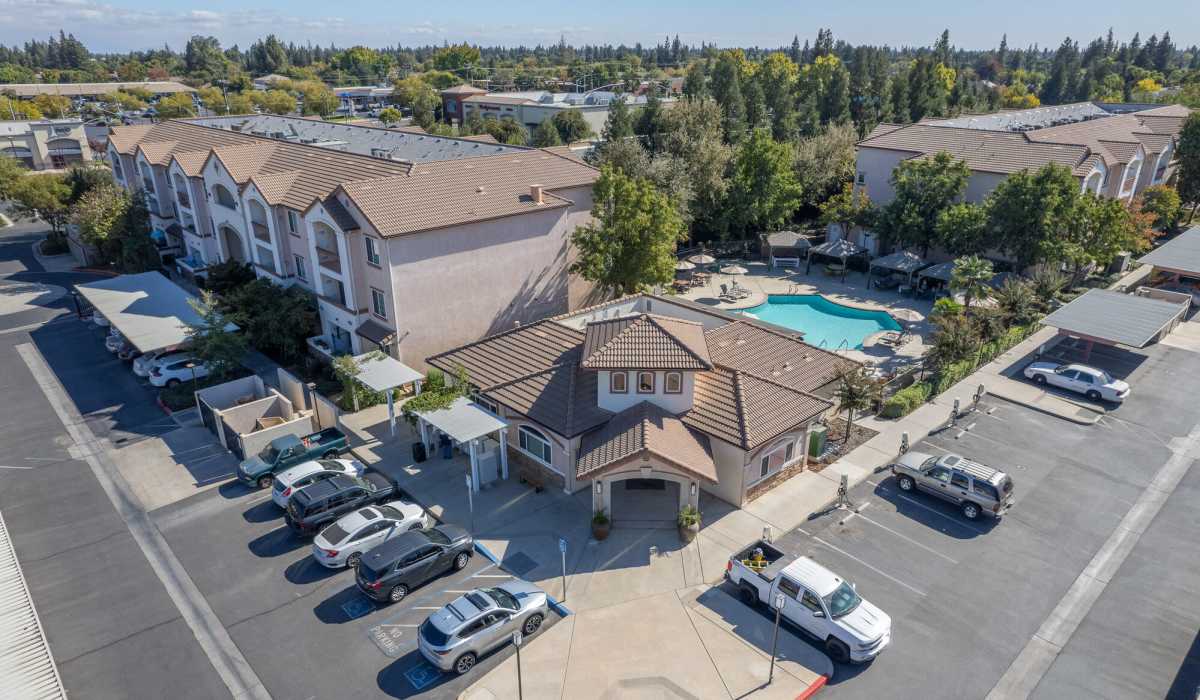 Aerial view of the cars parked outside the apartments at Westwood Bluffs in Fresno, California