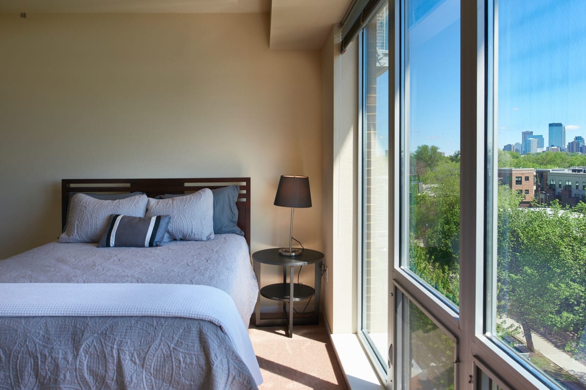 Floor-to-ceiling windows in an apartment at Flux in Minneapolis, Minnesota