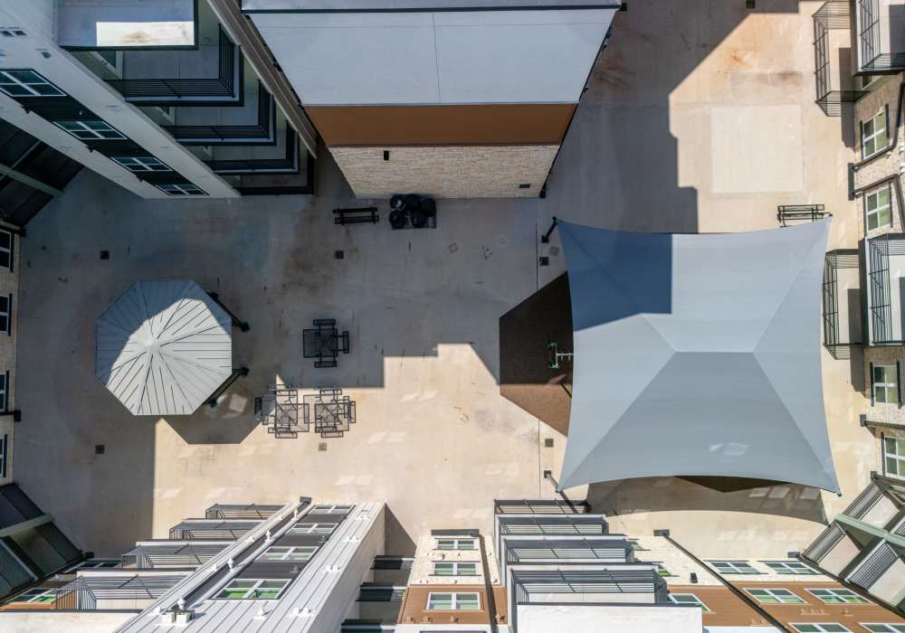 Drone view of patio  at Henderson on Reinli in Austin. TX