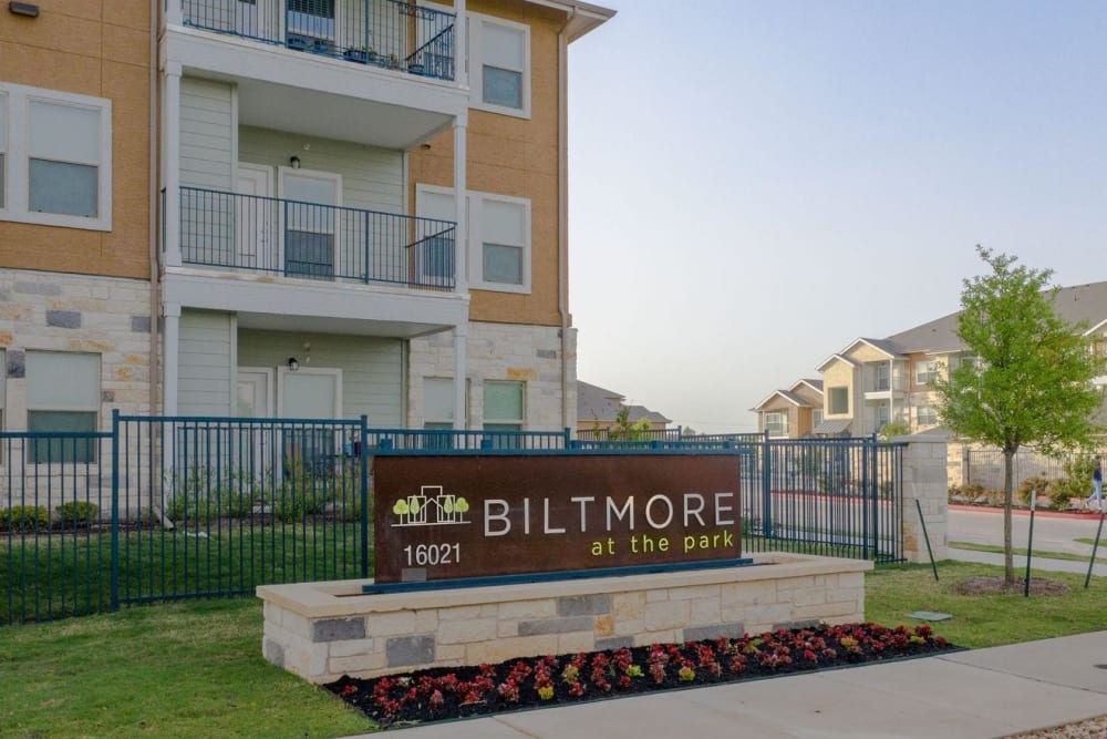 Community entrance sign at Biltmore at the Park in Pflugerville, Texas