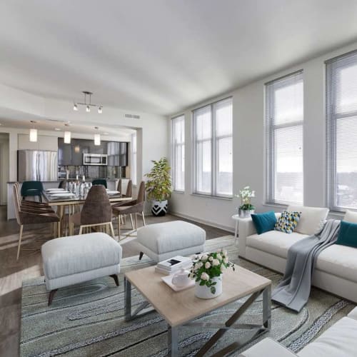 Living room and dining area at Solaire 7077 Woodmont in Bethesda, Maryland