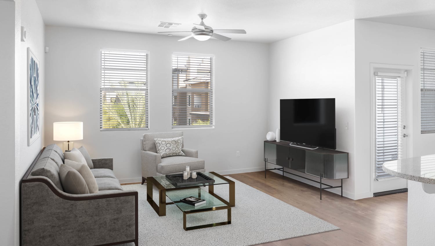 Open and bright living room at Vistara at SanTan Village in Gilbert, Arizona