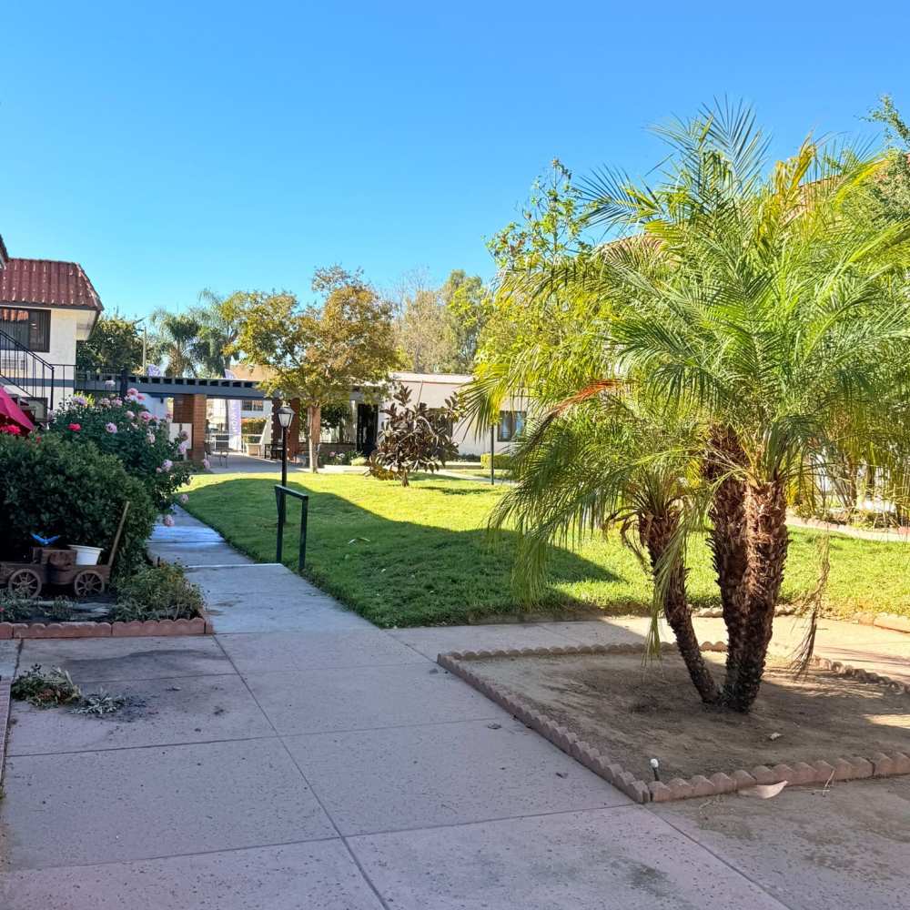 Landscaped courtyard at Valley Pride Village in Sylmar, California