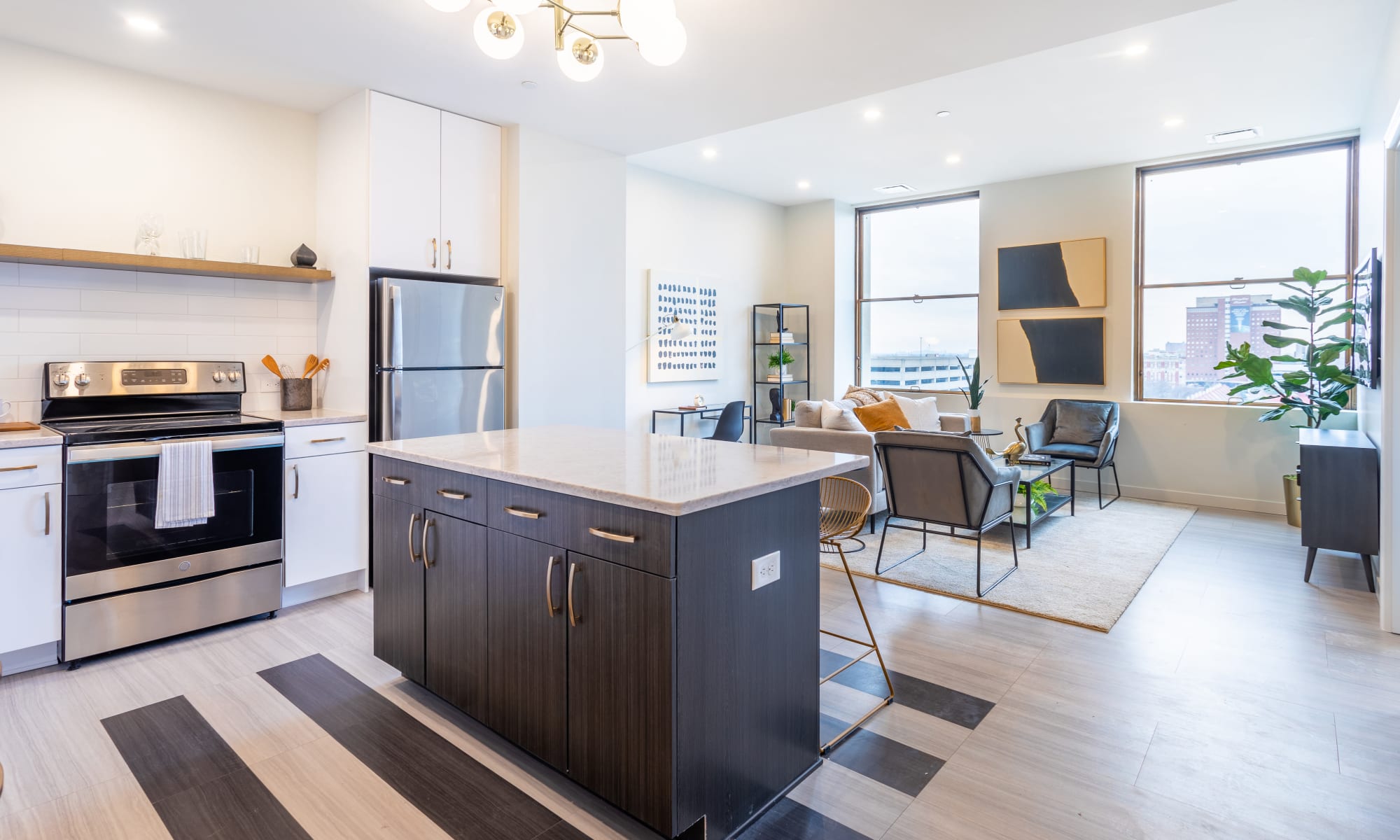 Kitchen and Living Room in an apartment at The Kahn in Detroit, Michigan
