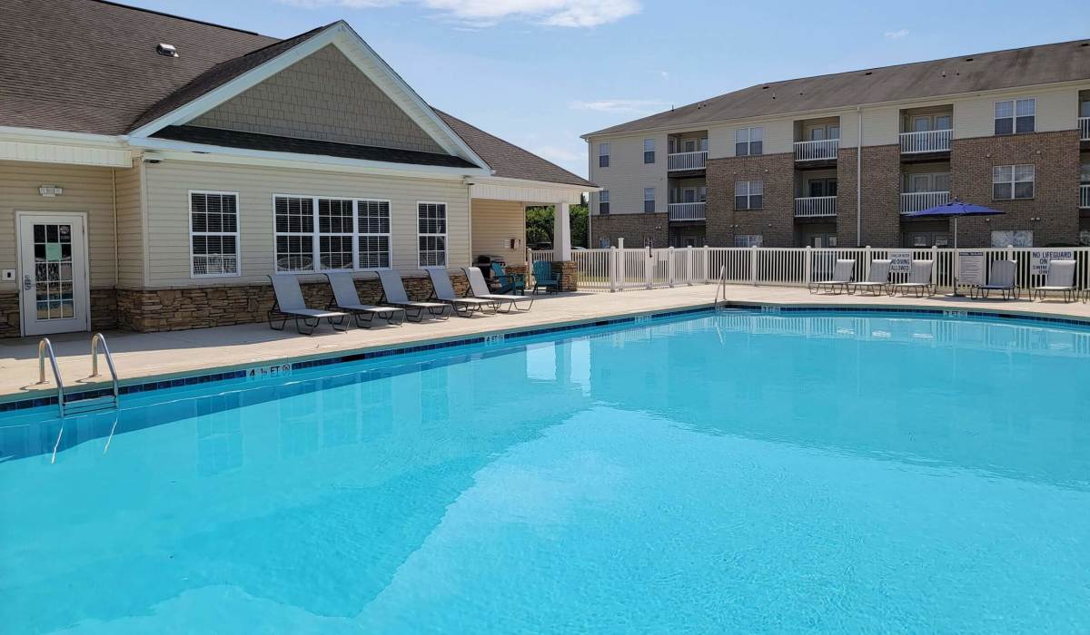 Community swimming pool with lounge chairs at Palisades at Carters Mill in Sumter, South Carolina