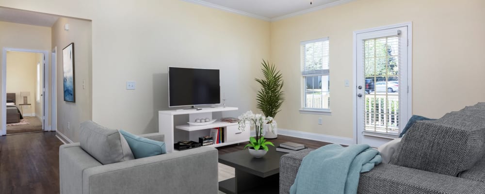 A furnished apartment living room at Adrian On Riverside in Macon, Georgia