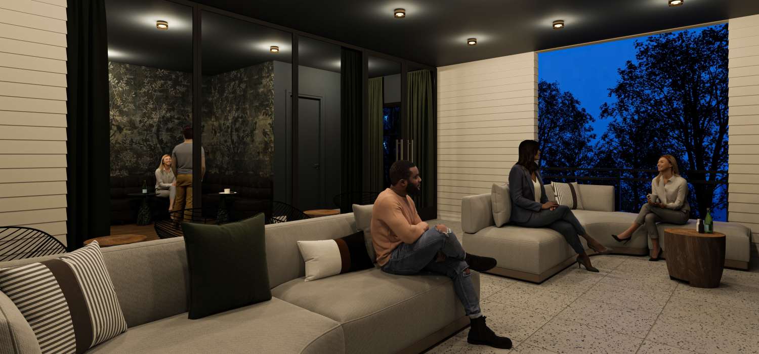 Resident seating area at St. Albans Lofts in Raleigh, North Carolina,