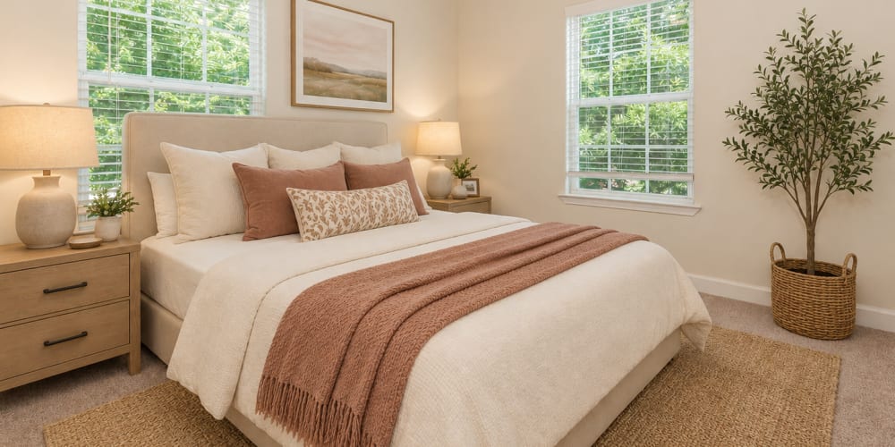 Furnished bedroom at Commons at Fort Mill in Fort Mill, South Carolina