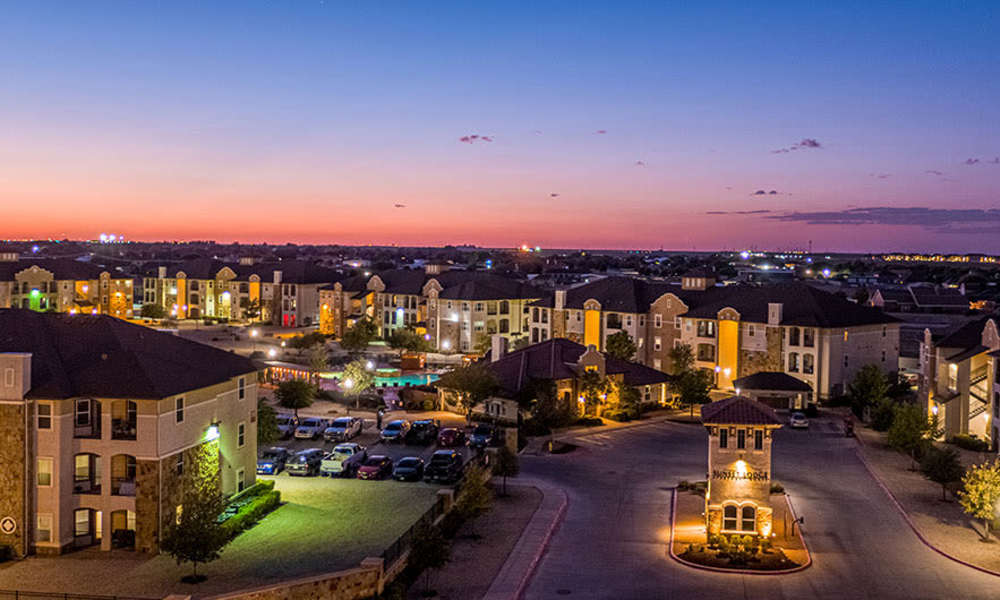 Night view of a community at Sunset Lodge in Odessa,Texas