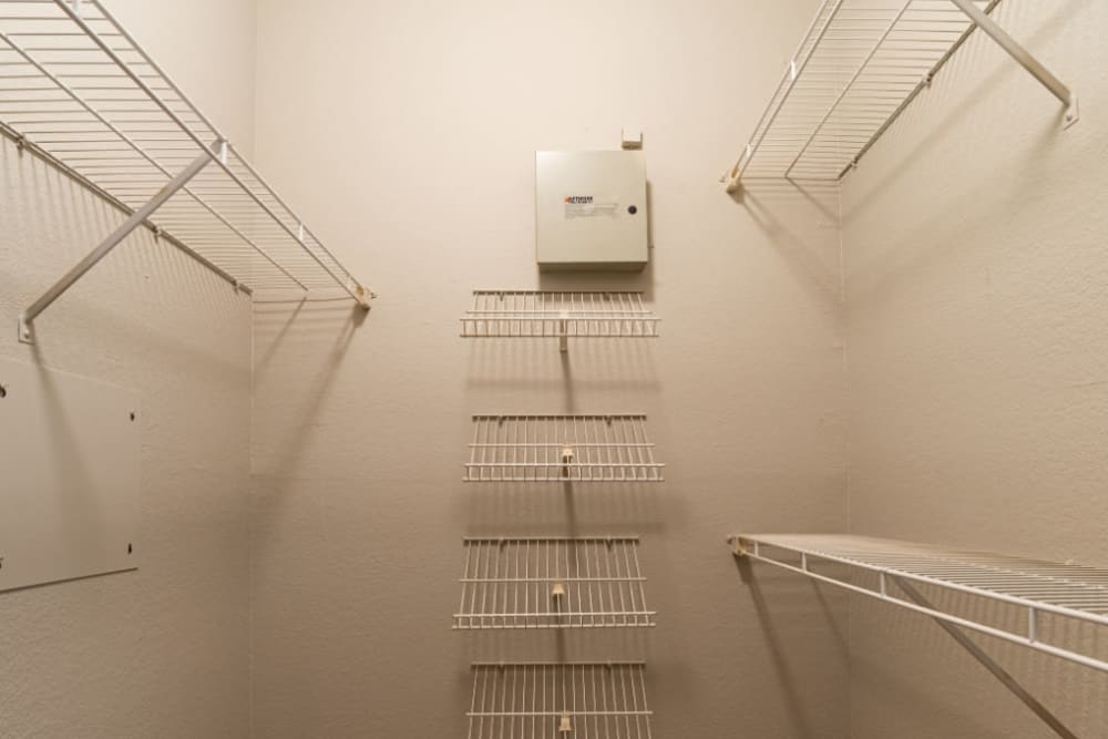 Walk-in closet with internet box hanging on wall at Marquis at Lantana in Flower Mound, Texas
