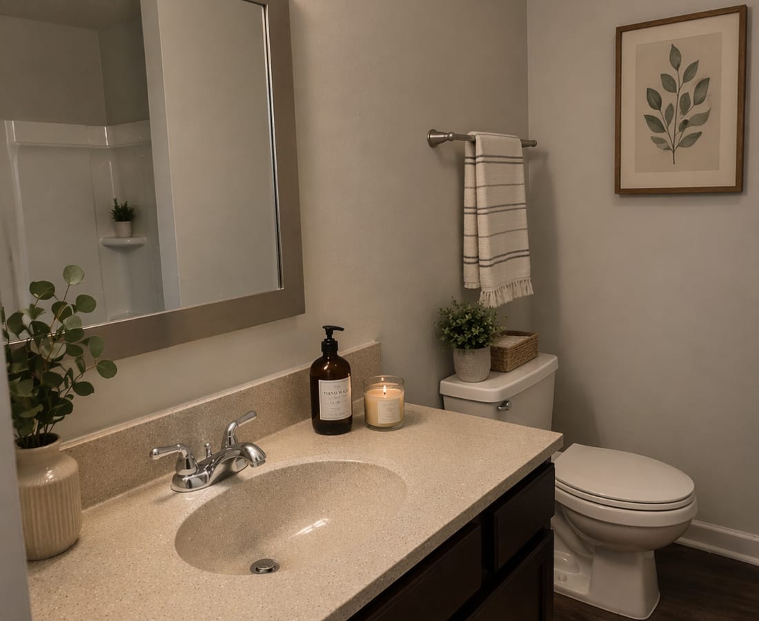 Modern bathroom with granite countertop at Treehaven in Summerville, South Carolina