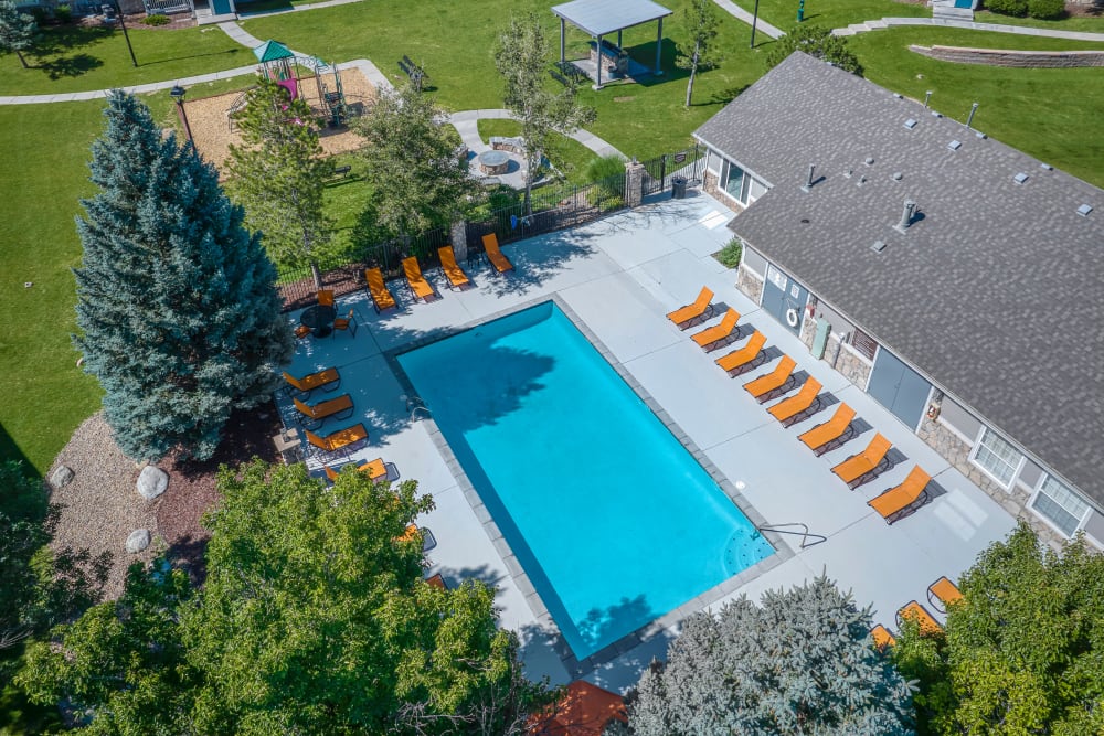 Aerial of Pool and Fire Pit at Crossroads at City Center Apartments in Aurora, Colorado