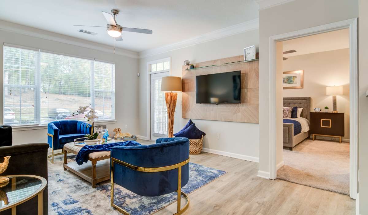 Apartment living room connecting to a bedroom at Legacy Ridge in Atlanta, Georgia