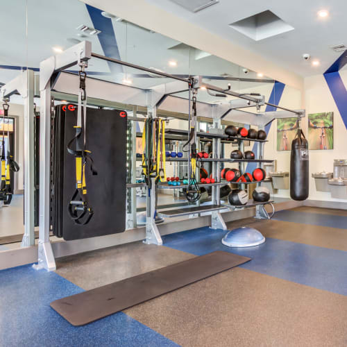 Well-equipped onsite fitness center at Town Commons in Gilbert, Arizona