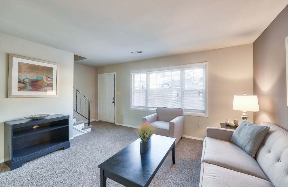Cozy living room with plush carpet, modern furniture, and natural light from large windows at Fairway Ridge in Baltimore, Maryland