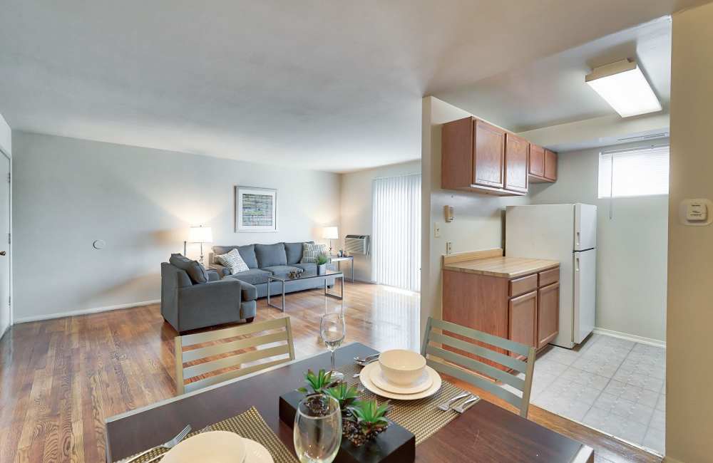 Kitchen with access to living room at Park Plaza in Baltimore. MD