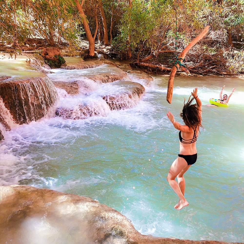 Aubree Plodinec jumping off a waterfall at StorQuest Self Storage in Santa Monica, CA