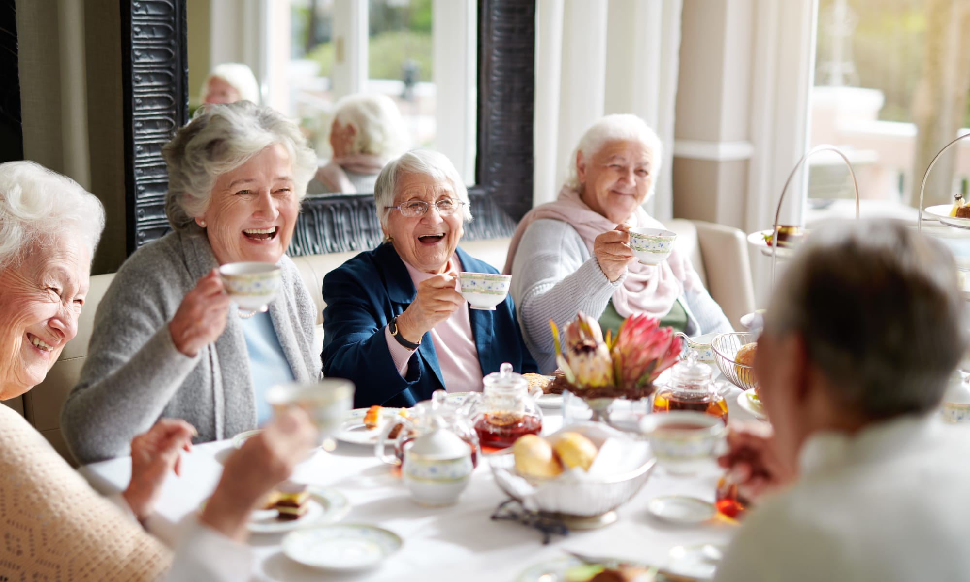 Residents having tea together at Harmony Senior Services in Charleston, South Carolina