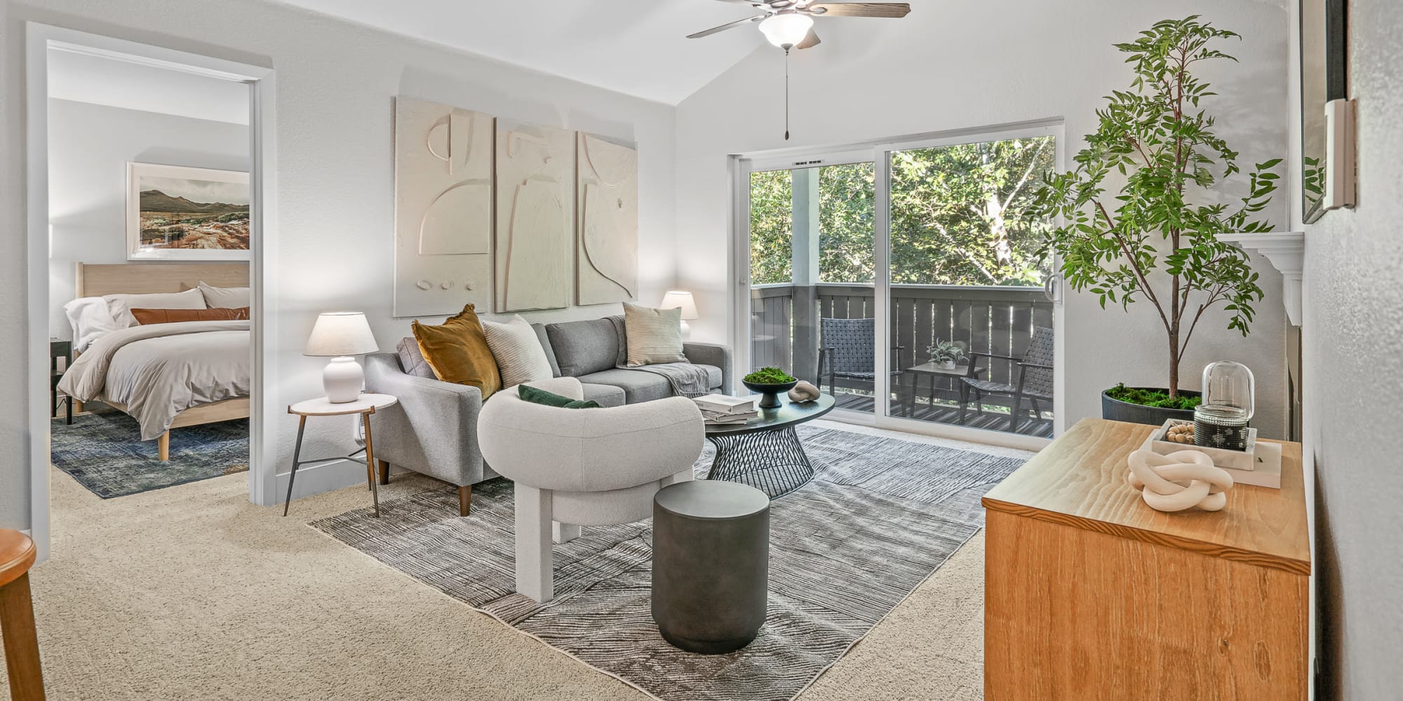 Rendering living room at Haven at Golf Creek in Portland, Oregon