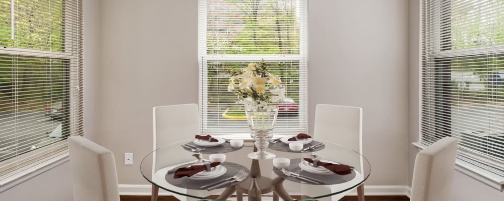 A set dining room table in a model apartment at Hunt Club in Gaithersburg, Maryland at Hunt Club in Gaithersburg, Maryland