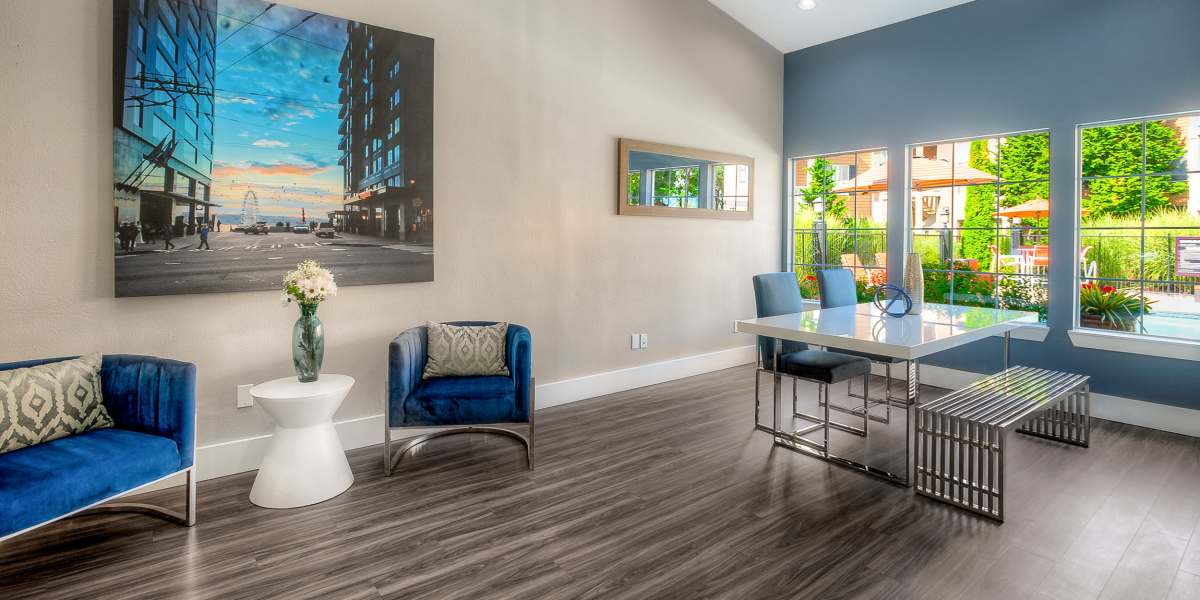 Recently renovated clubhouse lounge at Newport Crossing Apartments in Newcastle, Washington