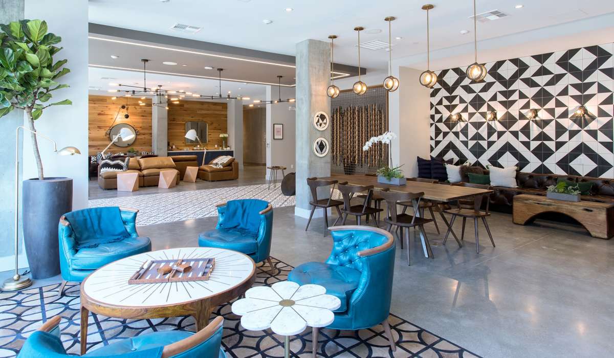 Seating area in lounge at The Moran in Oakland, California