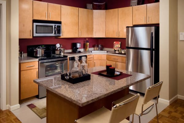 Stainless steel appliances in the modern kitchen at 55 Riverwalk Place in West New York, New Jersey