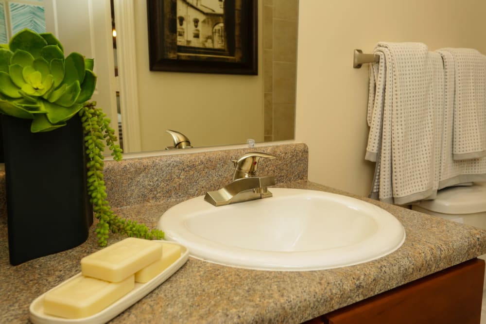 Granite countertop in a model home's bathroom at The Hawthorne in Jacksonville, Florida