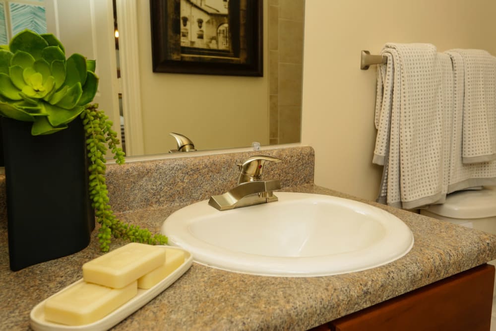 Granite countertop in a model home's bathroom at The Hawthorne in Jacksonville, Florida