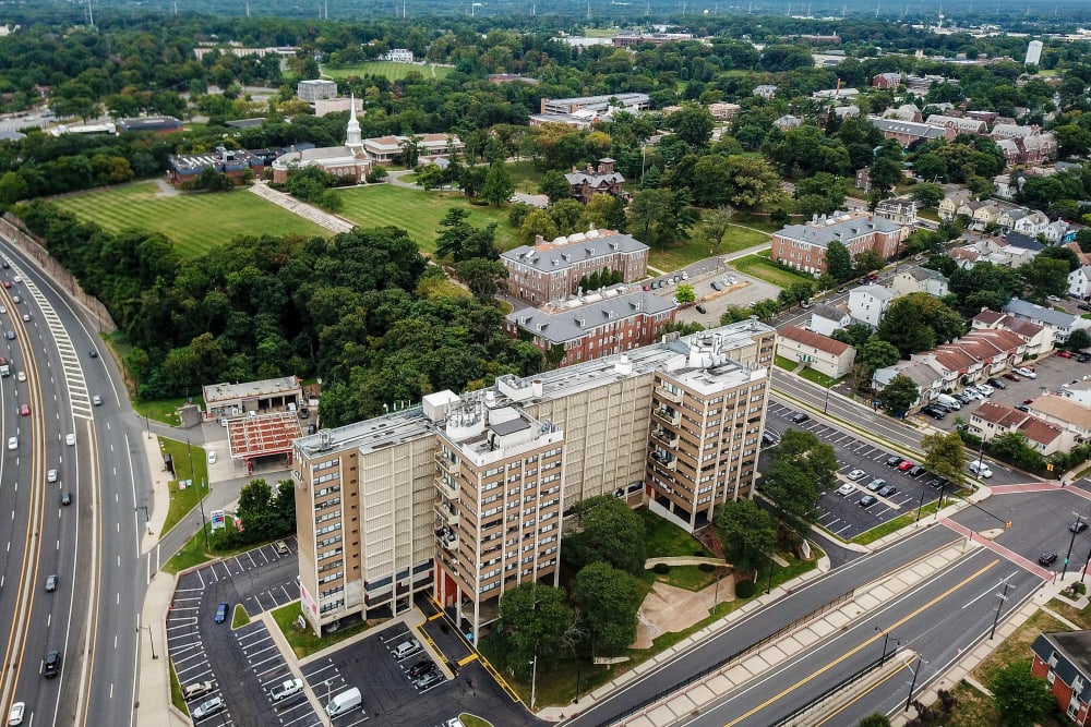 Aerial view of Riverside Towers Apartment Homes in New Brunswick, New Jersey