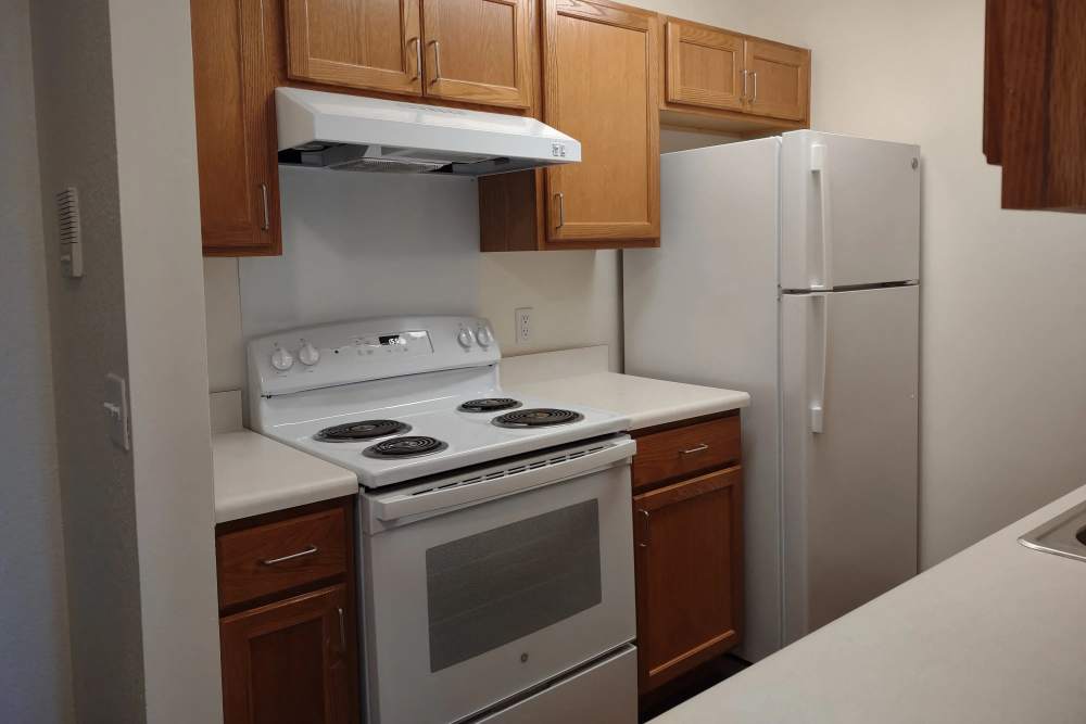 Kitchen with wooden cabinets and dishwasher at Willow Creek Apartments in Escanaba, Michigan