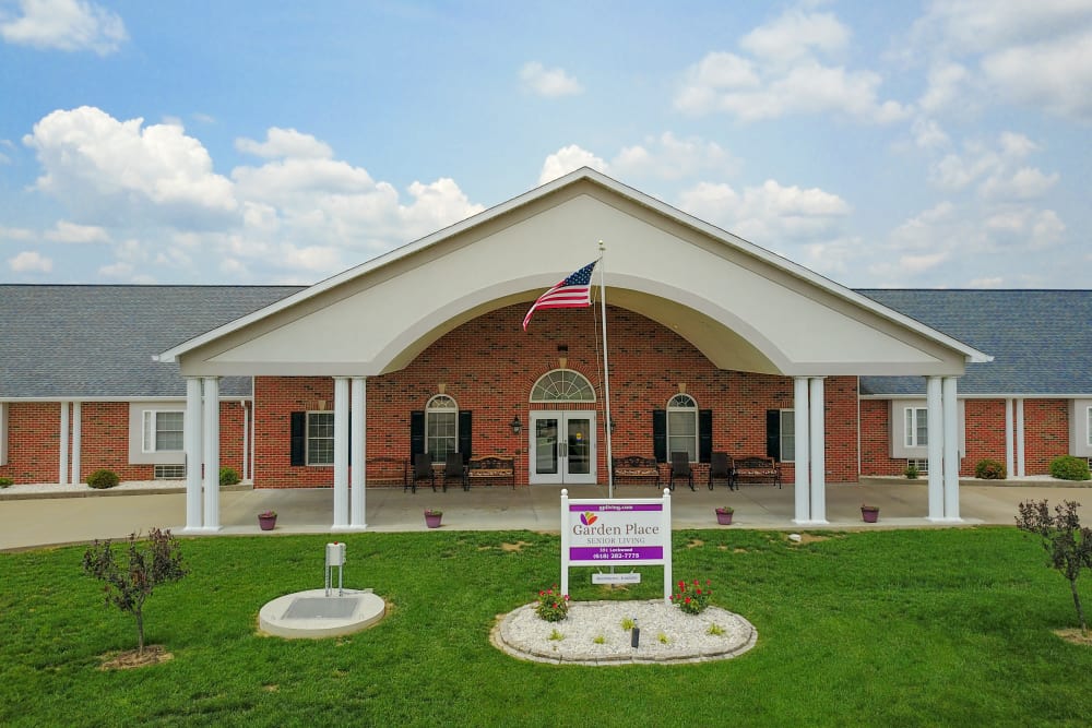 Outside the facility at Garden Place Red Bud in Red Bud, Illinois