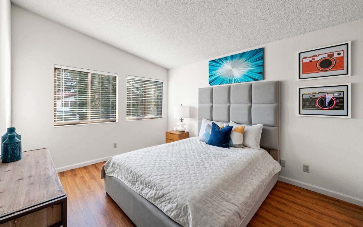 Modern bedroom at Ardenwood Forest Rental Condominiums in Fremont, California