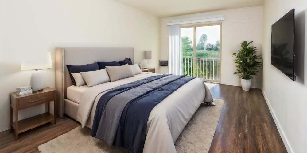 Bedroom with wood-style flooring at Blanton Commons in Beaverton, Oregon