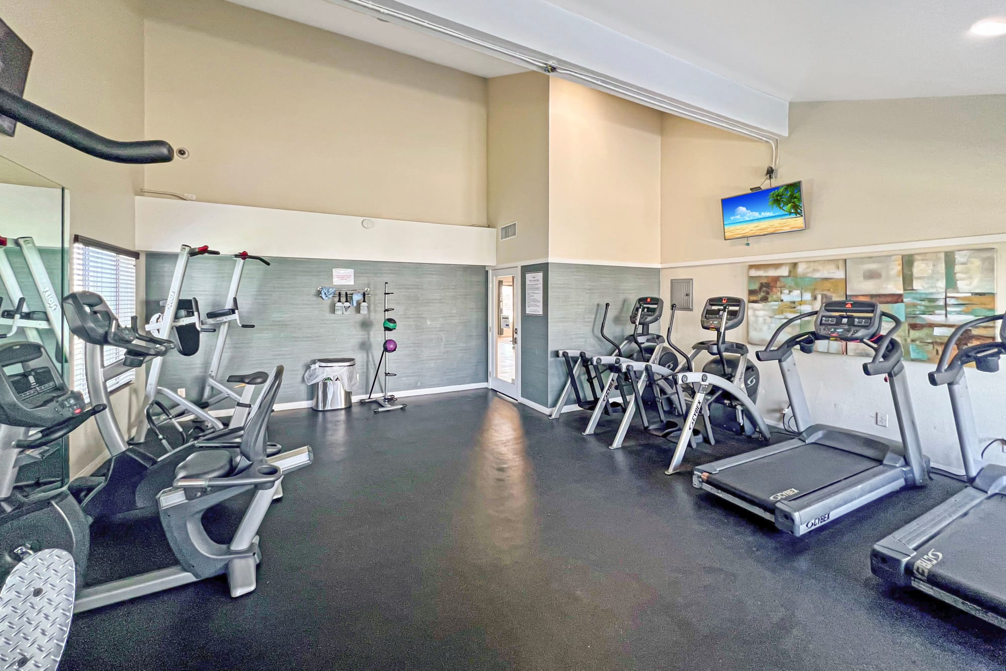 Cardio equipment in the fitness center at Portofino Townhomes in Wilmington, California