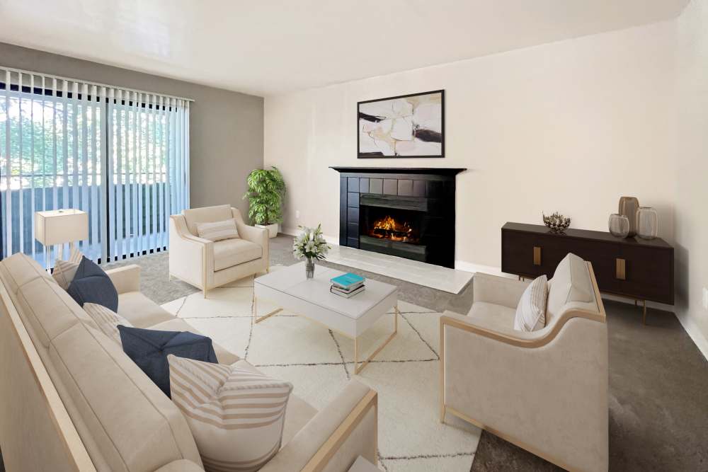 Modern living room with coffee table and carpet at Royal Ridge Apartments in Midvale, Utah