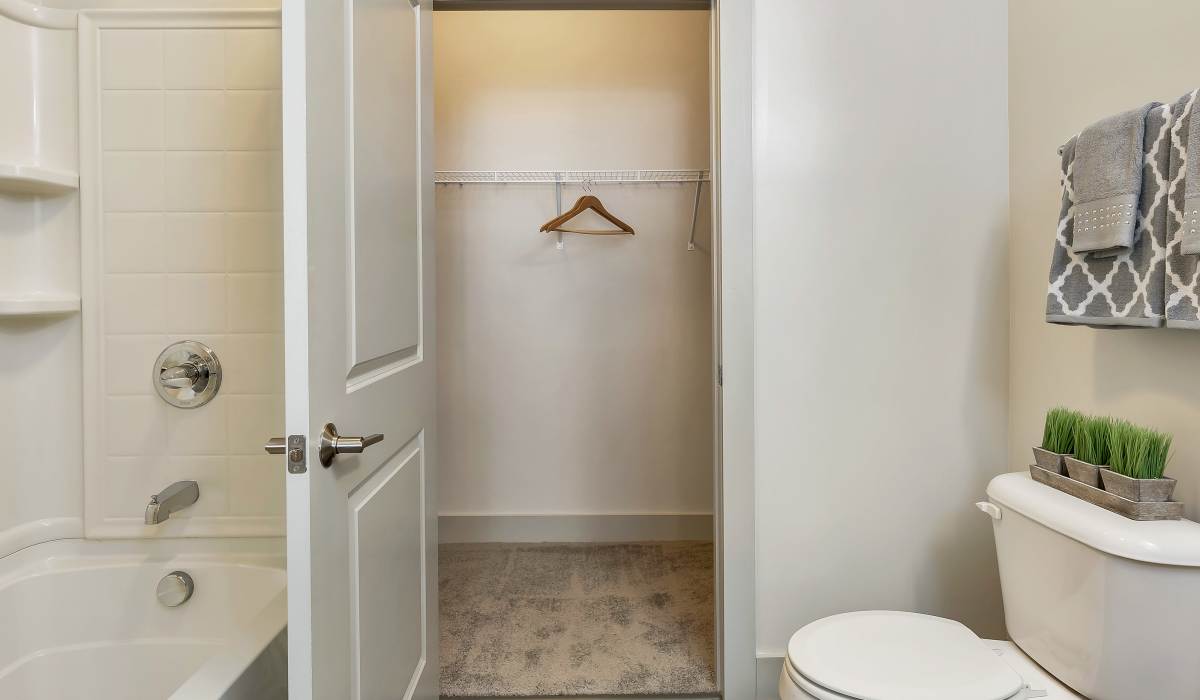 Bathroom with large closet at Gantry Apartments in Cincinnati, Ohio