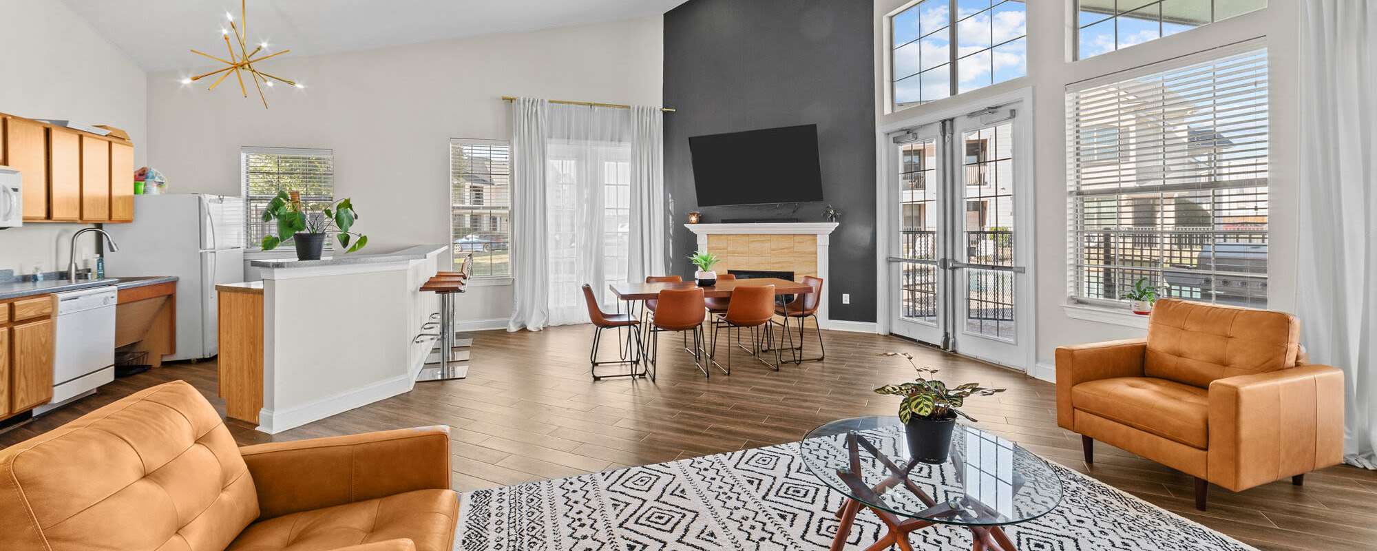 Interior of well decorated clubhouse and prep kitchen at Burkburnett Residences in Burkburnett, Texas
