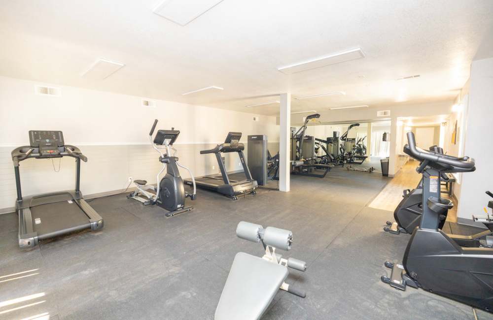 Fitness center with treadmills at Riverview Gardens Apartments in Fresno, California