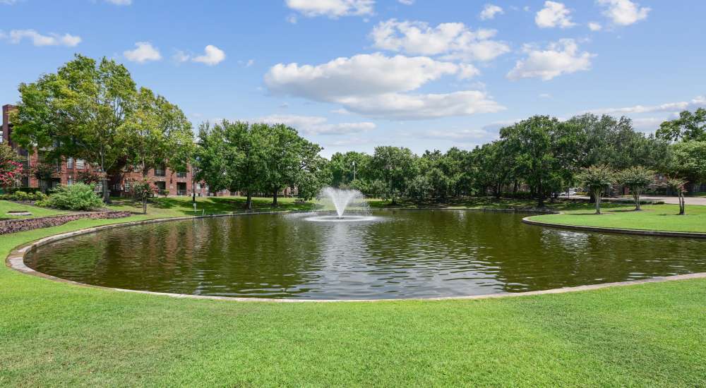 A tranquil pond in a green park near Lakeside in Houston, Texas